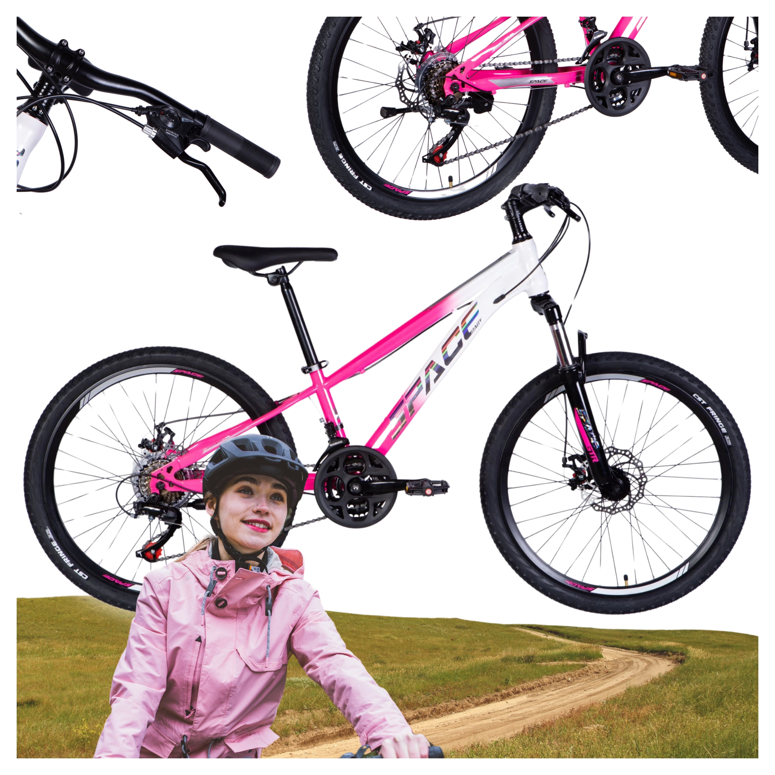 Mountainbike til piger Mars 24", 130-160 cm, 21 gear, Hvid/Lyserød