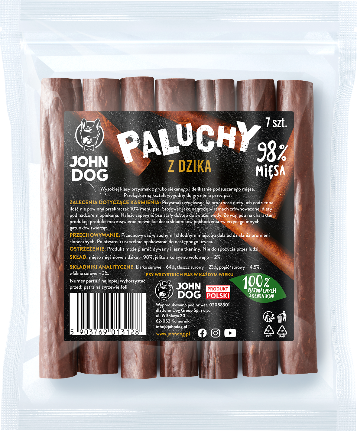 Przysmak dla psa paluch z dzika John Dog 7 szt.
